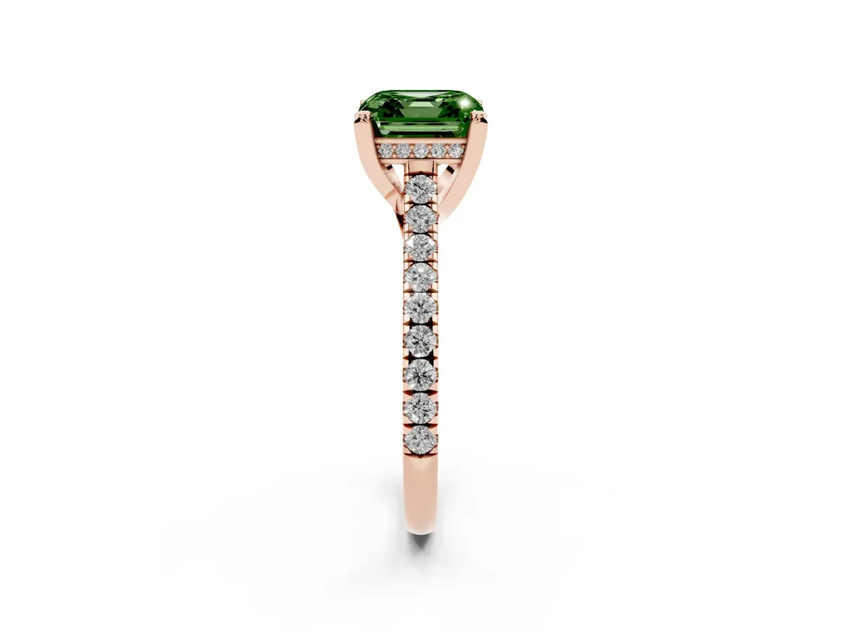 Fancy Green Asscher Cut Brilliant Diamond Solitaire with Pavé Band and Four-Prong Setting Rose gold