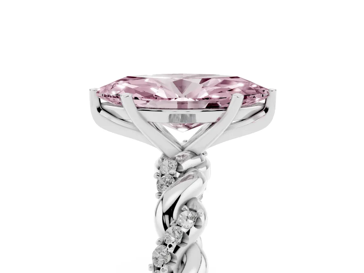 Fancy Pink Marquise Cut Diamond Solitaire Ring with Twisted Band and Pavé Accents Silver