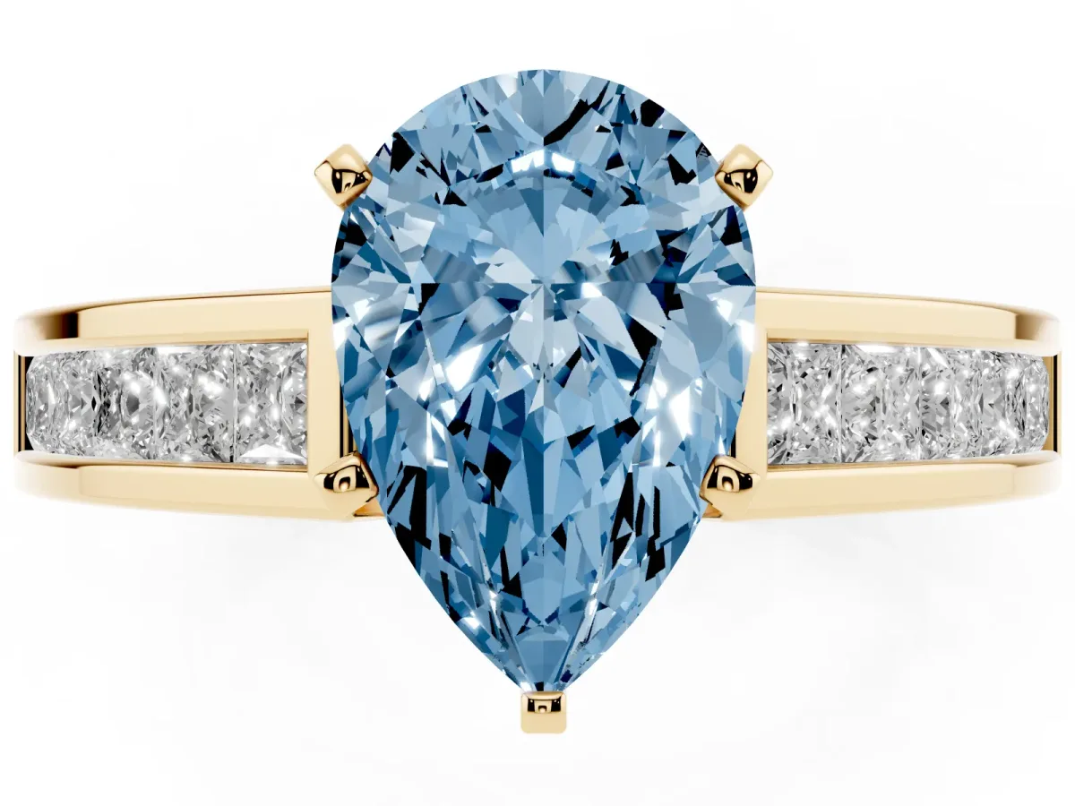 Fancy Blue Pear Cut Solitaire Diamond Ring with Channel-Set Band and Four-Prong Setting Yellow gold