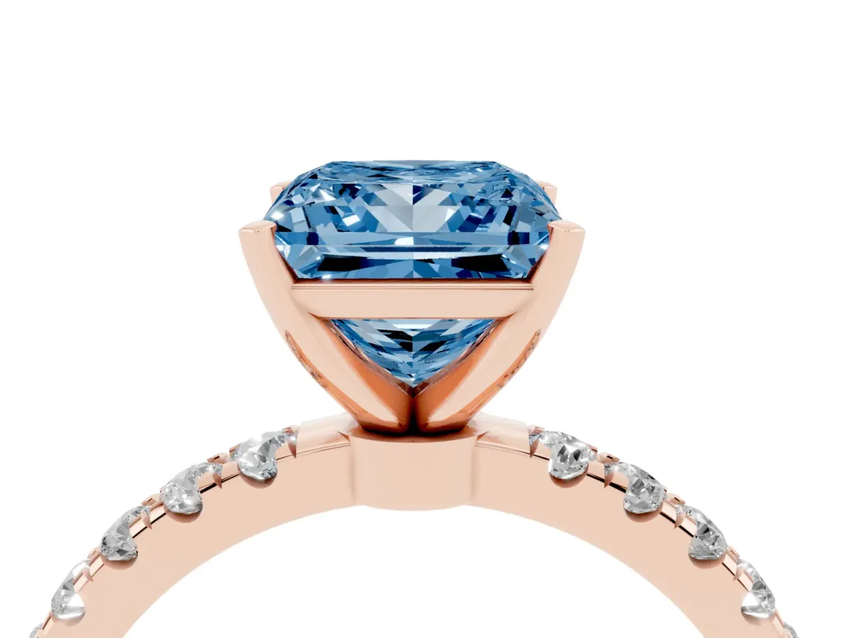 Fancy Blue Princess Cut Diamond Solitaire Ring with Pavé Accents and Four-Prong Setting Rose gold