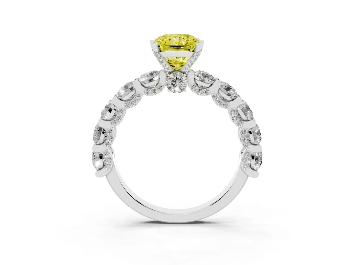 Fancy Yellow Radiant Cut Diamond Side Stone Engagement Ring with Four-Prong Setting Silver