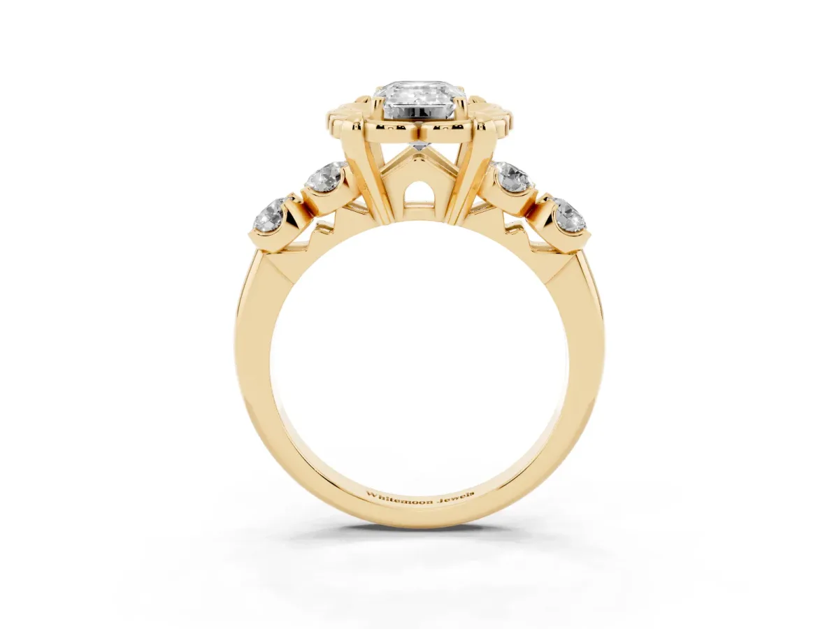 Emerald Cut Cut Diamond Floral Halo Engagement Ring with Shared Prong Setting Yellow gold