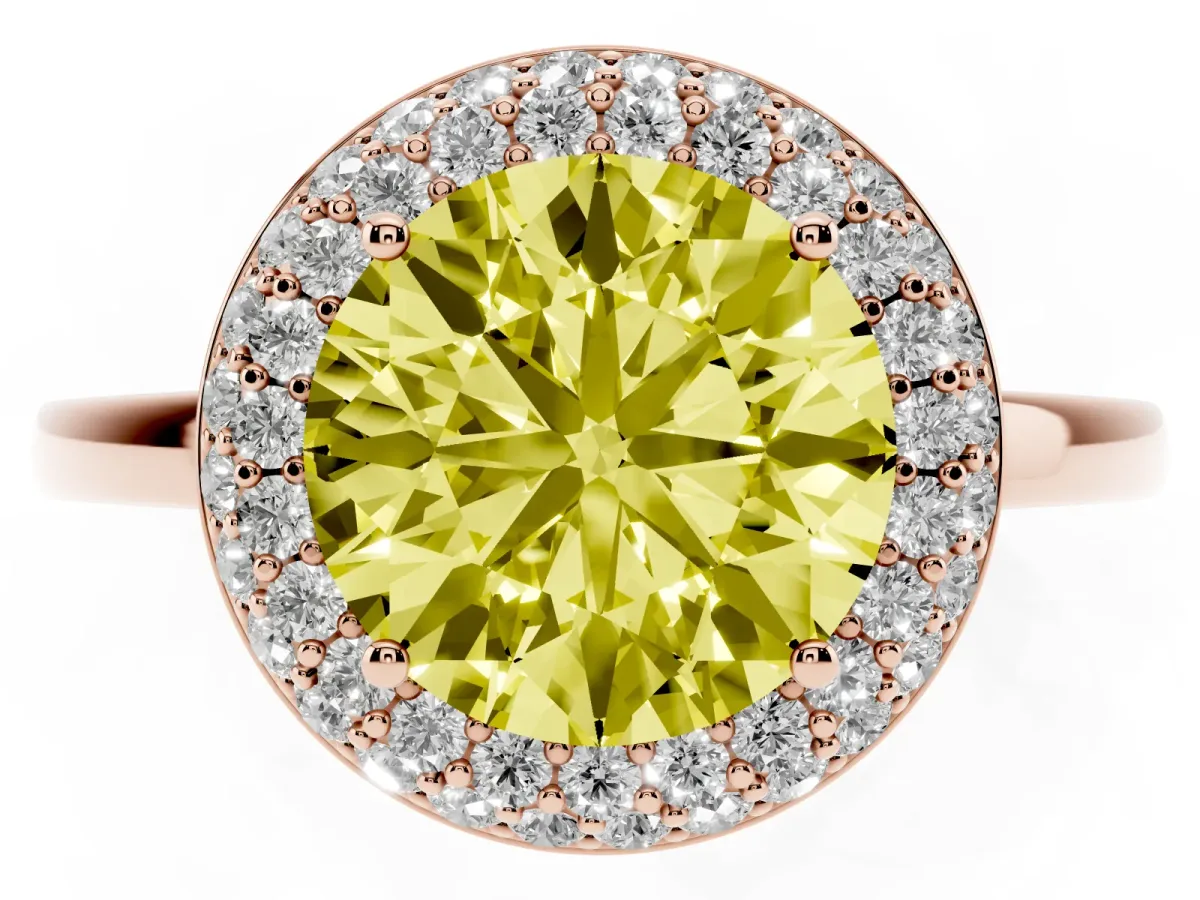 Fancy Yellow Round Cut Halo Diamond Engagement Ring with Solitaire Band and Four-Prong Setting Rose gold