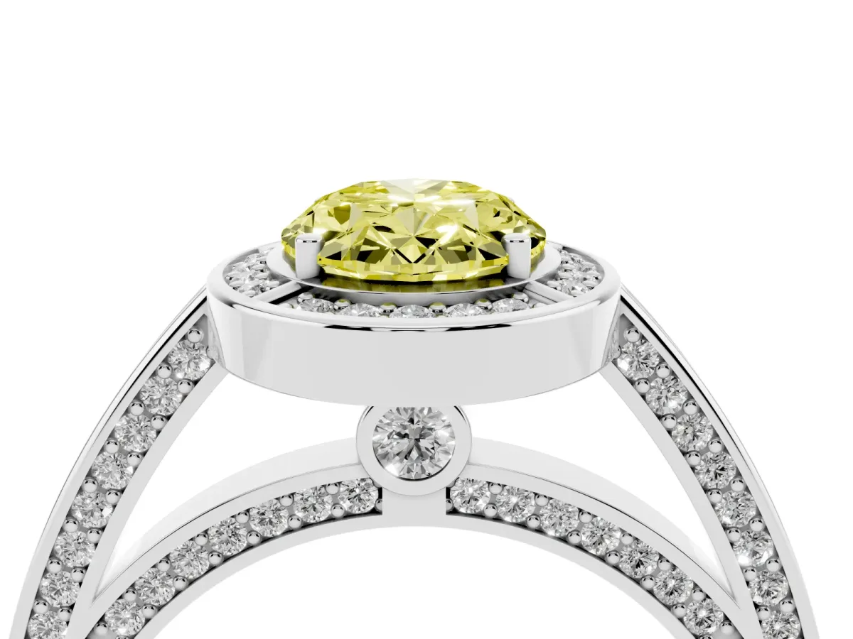 Fancy Yellow Oval Cut Cut Halo Pave Split Shank Prong Setting Ring White gold