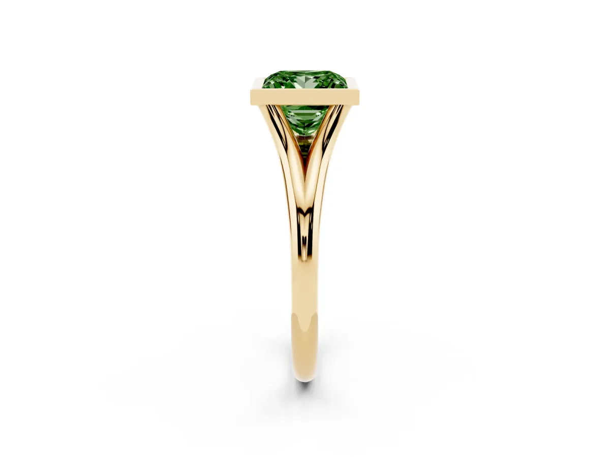 Fancy Green Bezel Set Princess Cut Cut Solitaire Ring with Tapered Band Yellow gold