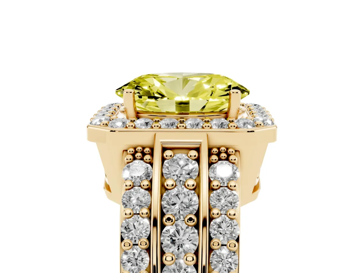 Fancy Yellow Oval Cut Halo Diamond Ring with Round Split Shank and Prong Setting Yellow gold