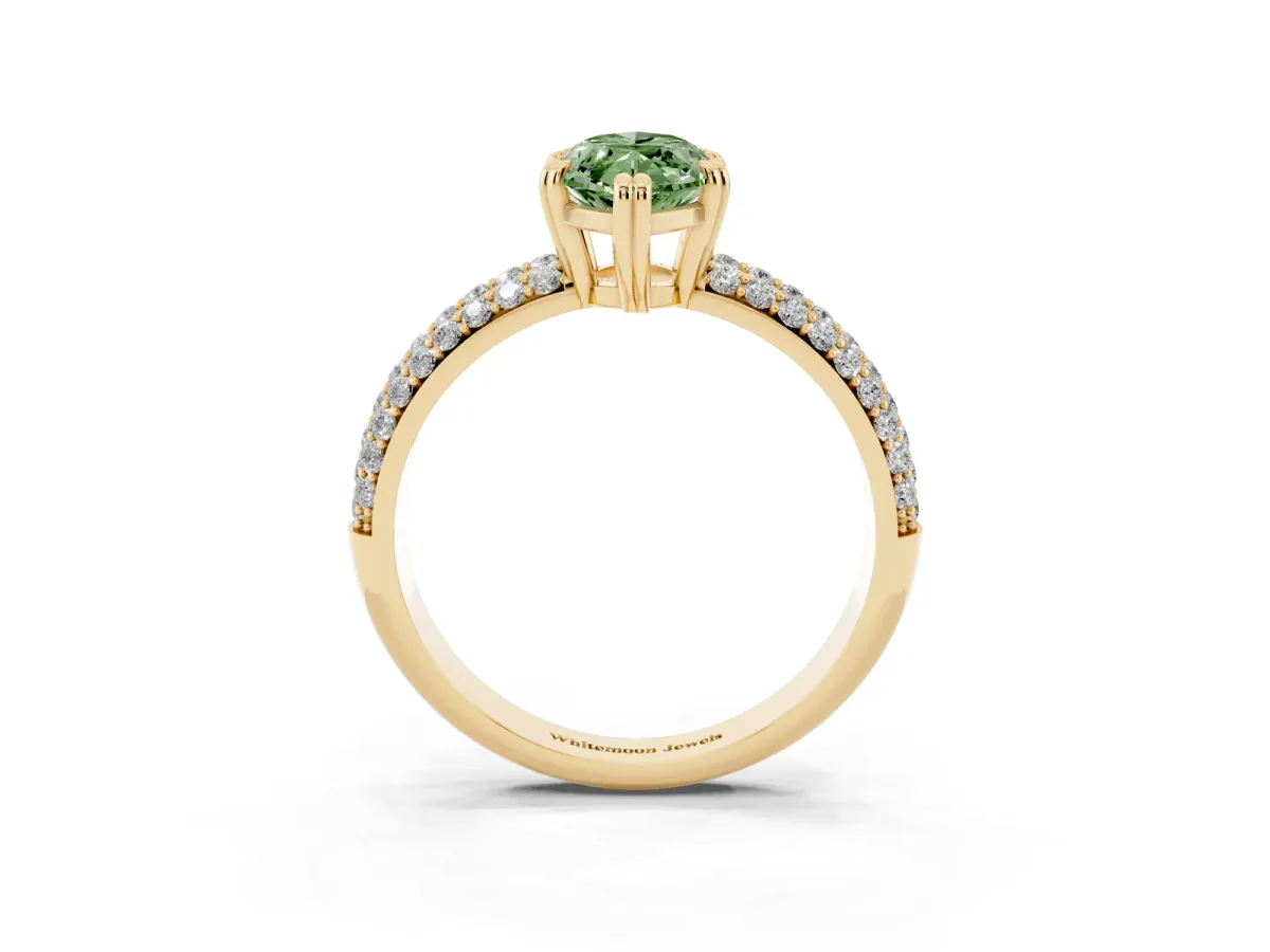 Fancy Green Marquise Cut Diamond Solitaire Ring with Multi-Row Round Pavé Band and Prong Setting Yellow gold