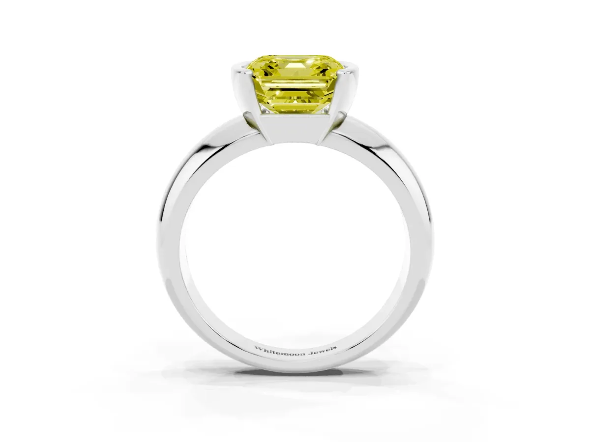 Fancy Yellow Asscher Cut Solitaire Tension Set Diamond Ring with Wide Band Silver