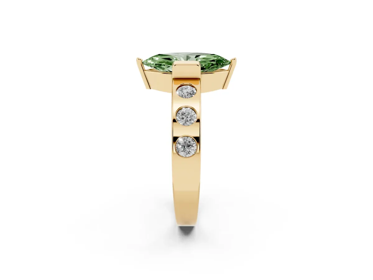 Fancy Green Marquise Cut Brilliant Channel-Set Diamond Ring with Bezel Prong Setting Yellow gold