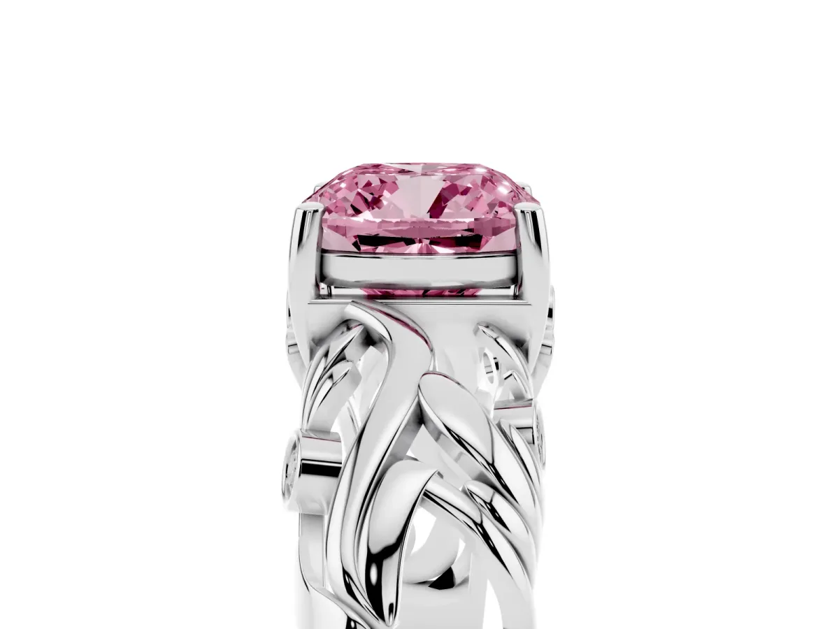 Fancy Pink Cushion Cut Solitaire Diamond Leaf-Inspired Vine Band Ring with Prong Setting Platinum