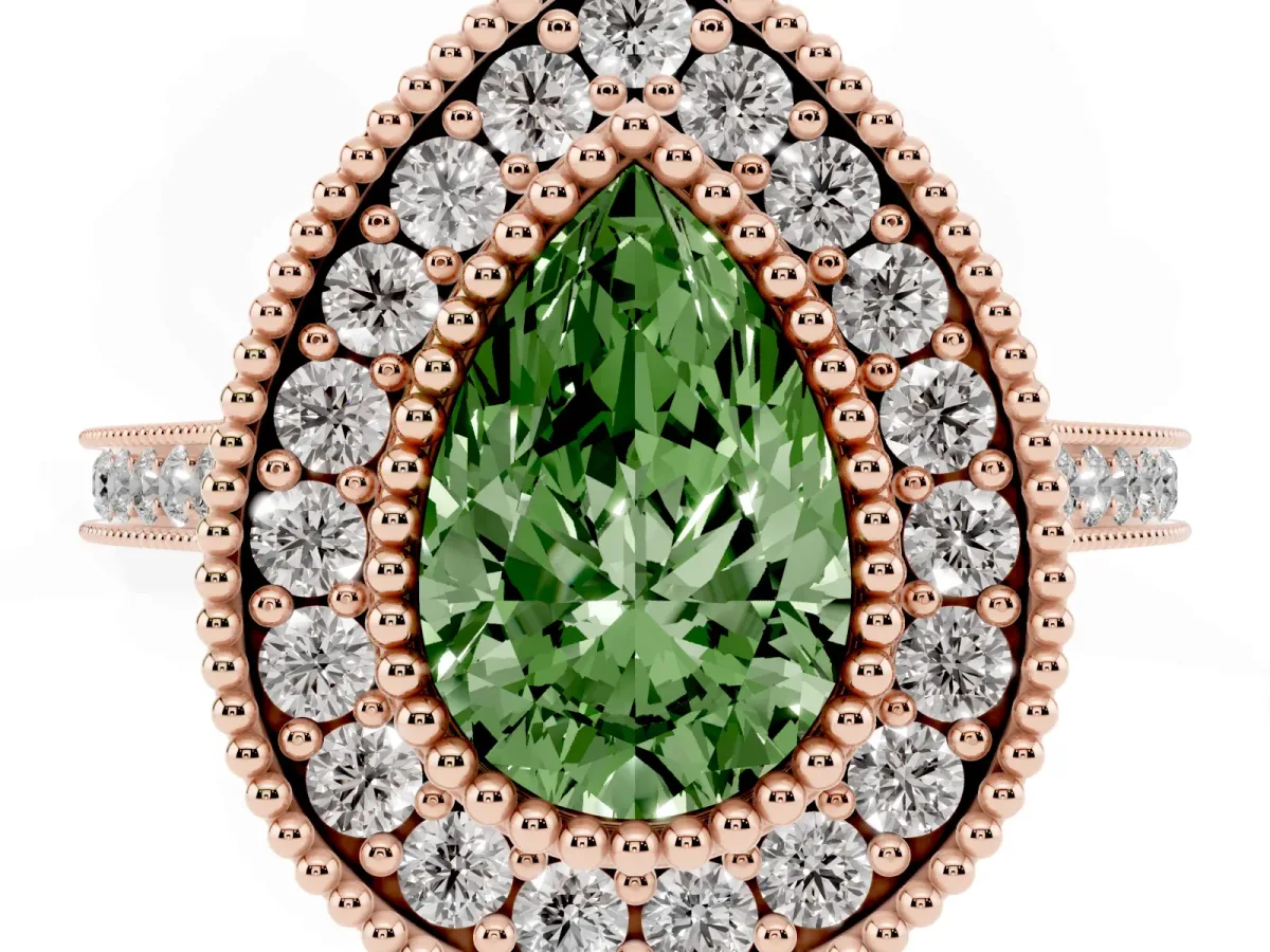 Fancy Green Pear Cut Diamond Halo Ring with Milgrain Frame and Pavé Band Rose gold