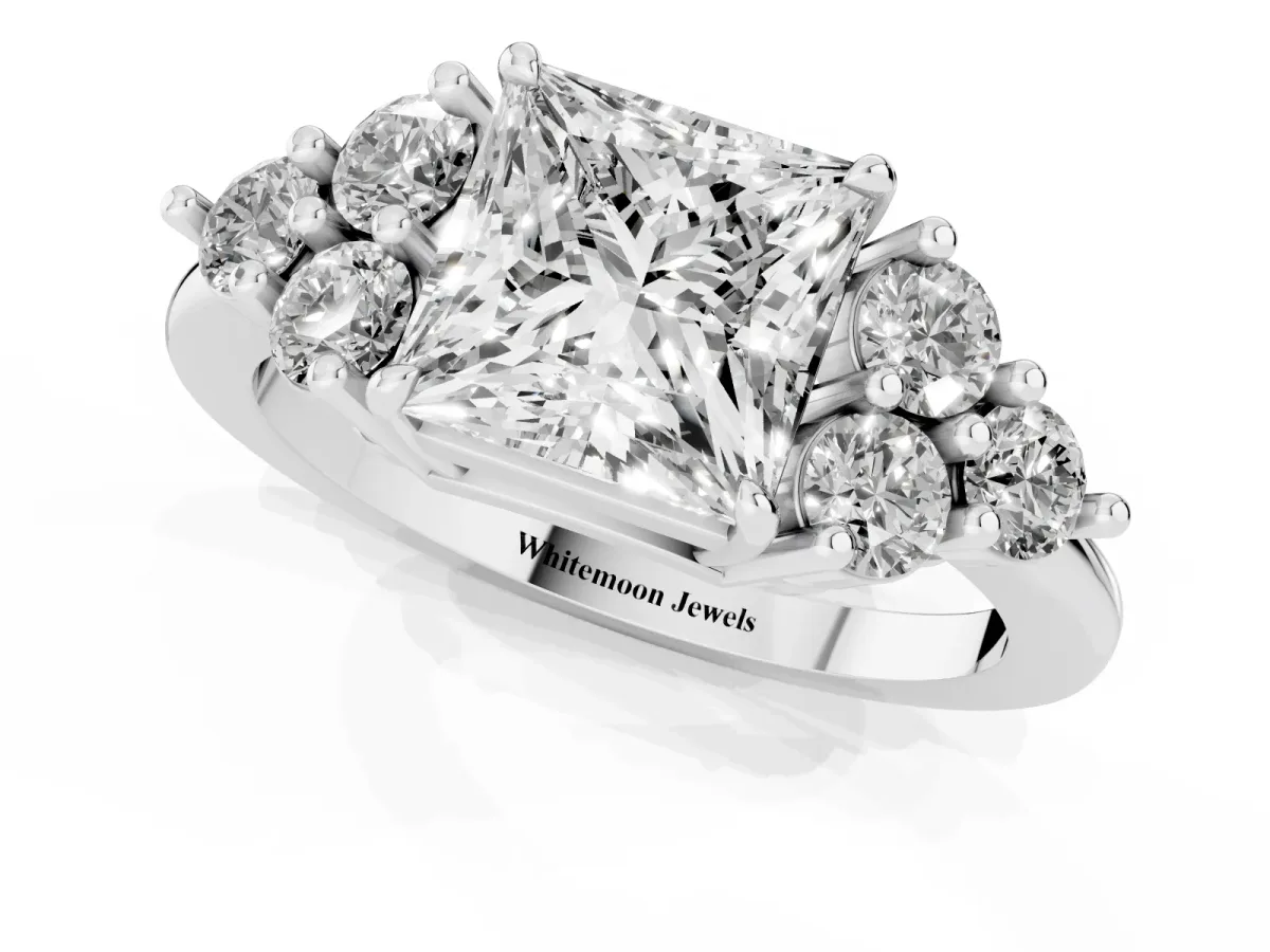Princess Cut Brilliant Diamond Cluster Accent Solitaire Ring with Prong Setting Silver