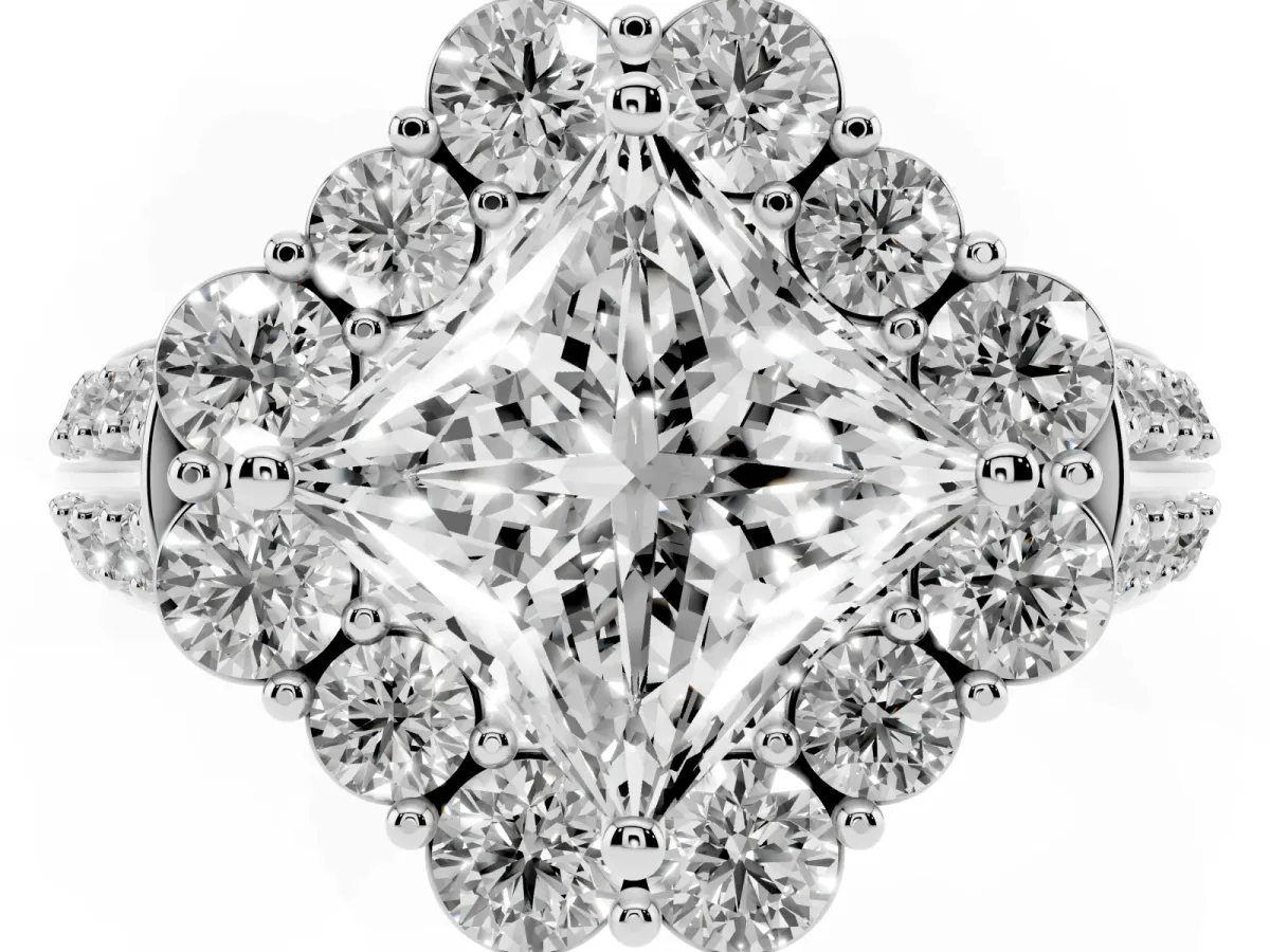 Princess Cut Halo Diamond Engagement Ring with Split Shank and Prong Setting Silver