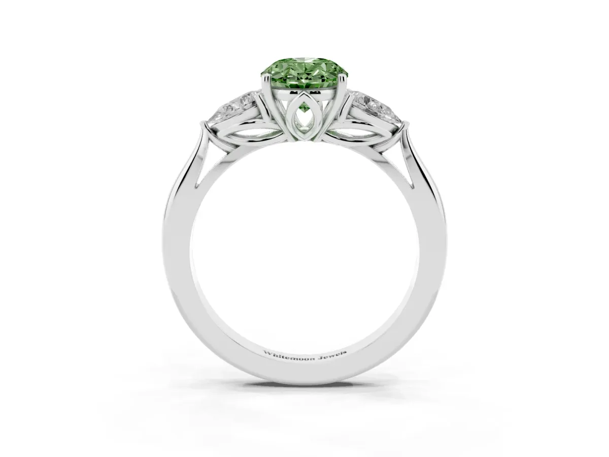 Fancy Green Three-Stone Oval Cut Brilliant Diamond Solitaire Ring with Tapered Band and Four-Prong Setting White gold