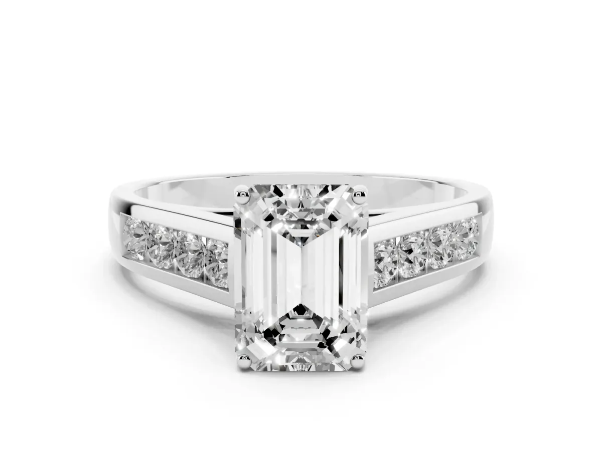 Emerald Cut Solitaire Channel-Set Diamond Engagement Ring with Four-Prong Setting Silver