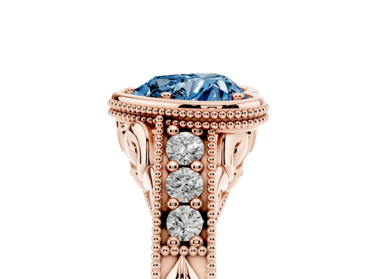 Fancy Blue Bezel Set Heart Cut Diamond Milgrain Pave Engagement Ring Rose gold