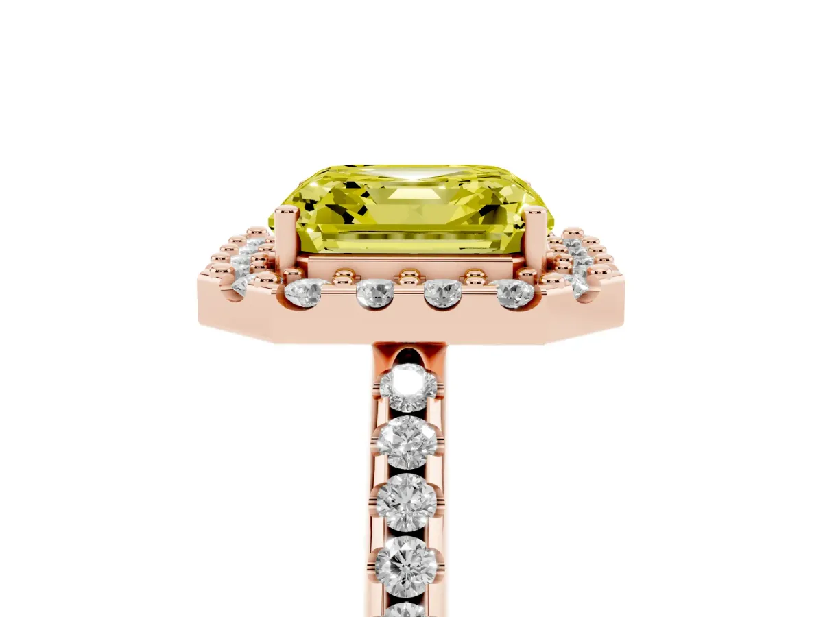 Fancy Yellow Asscher Cut Diamond Pavé Halo Ring with Four-Prong Setting Rose gold