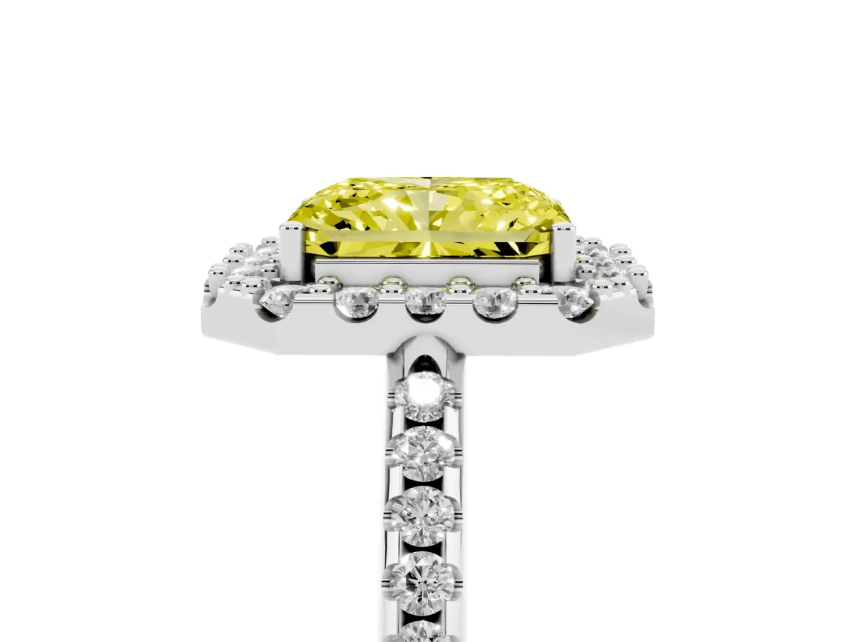 Fancy Yellow Radiant Cut Diamond Pavé Halo Ring with Four-Prong Setting Silver