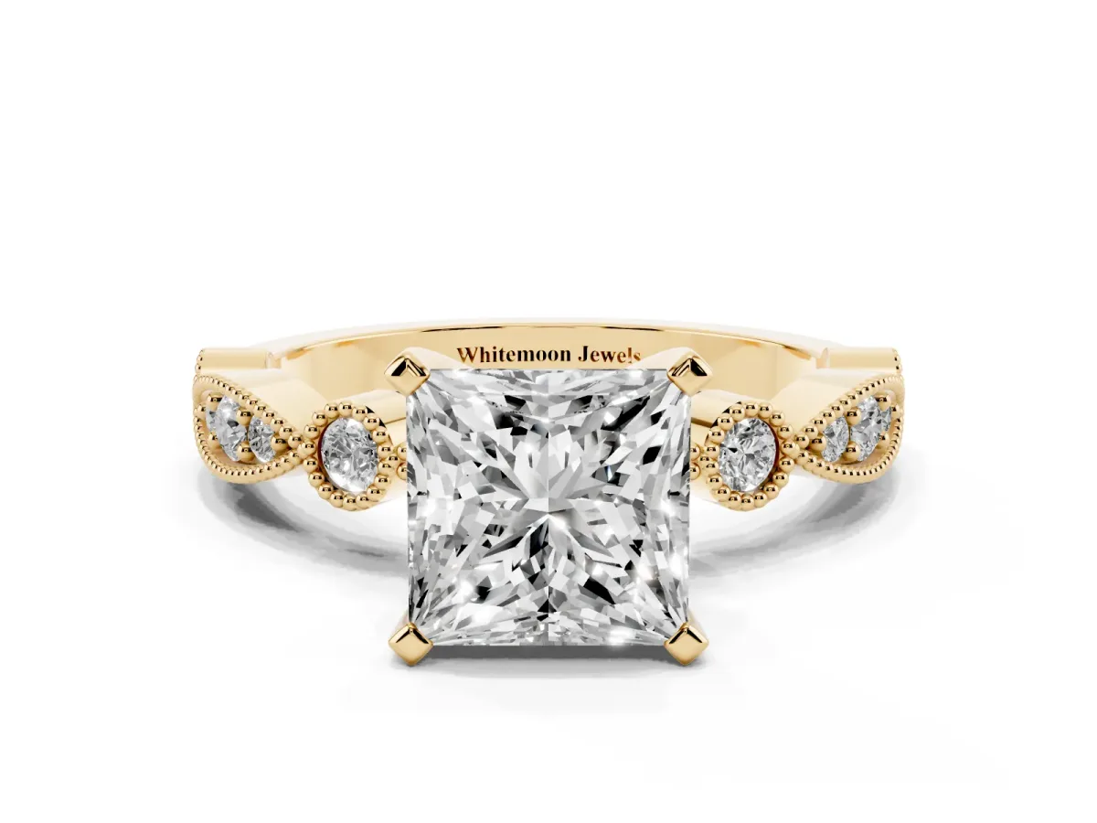 Princess Cut Milgrain Bezel Diamond Engagement Ring with Solitaire Prong Setting Yellow gold