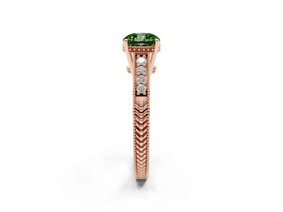 Fancy Green Cushion Cut Solitaire Pavé Diamond Milgrain Engagement Ring with Four-Prong Setting Rose gold