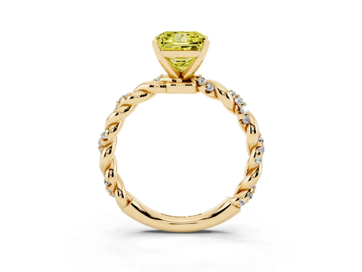 Fancy Yellow Princess Cut Diamond Solitaire Ring with Twisted Band and Pavé Accents Yellow gold