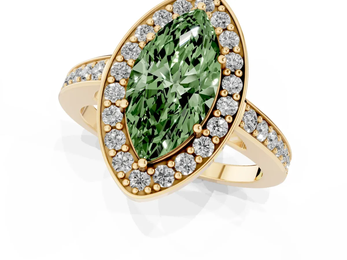 Fancy Green Marquise Cut Halo Pavé Diamond Engagement Ring with Bezel Setting Yellow gold
