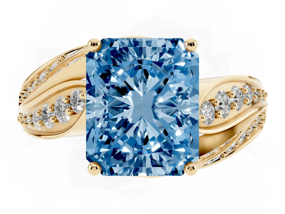 Fancy Blue Radiant Cut Diamond Solitaire Ring with Prong Setting and Twisted Pavé Band Yellow gold