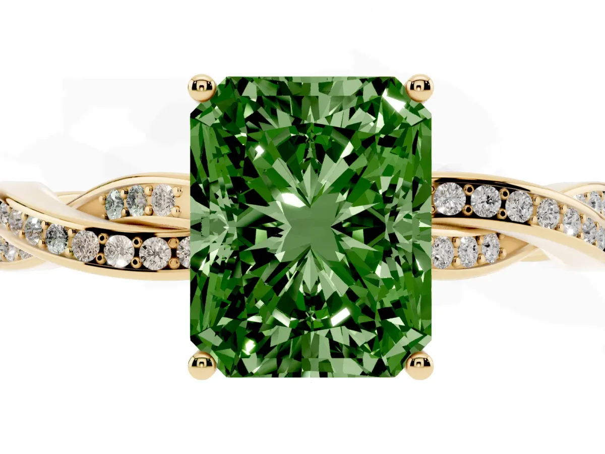 Fancy Green Radiant Cut Solitaire Twisted Pave Diamond Ring with Four-Prong Setting Yellow gold