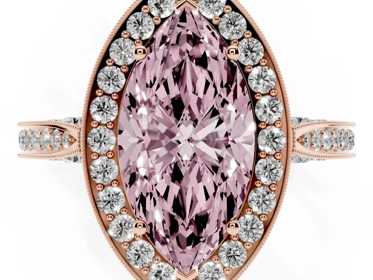 Fancy Pink Marquise Cut Halo Diamond Engagement Ring with Split Shank Band and Four-Prong Setting Rose gold