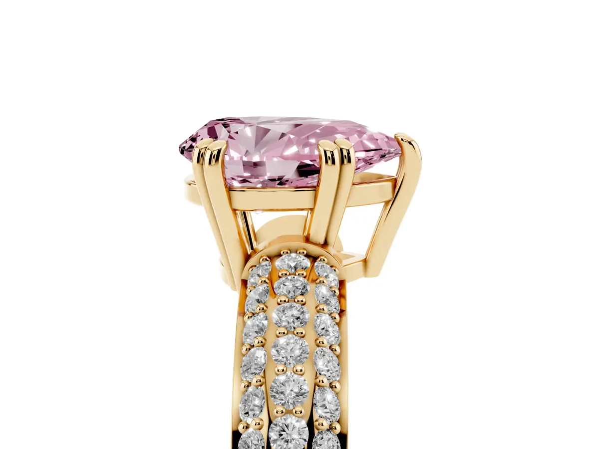 Fancy Pink Pear Cut Diamond Solitaire Ring with Multi-Row Round Pavé Band and Prong Setting Yellow gold
