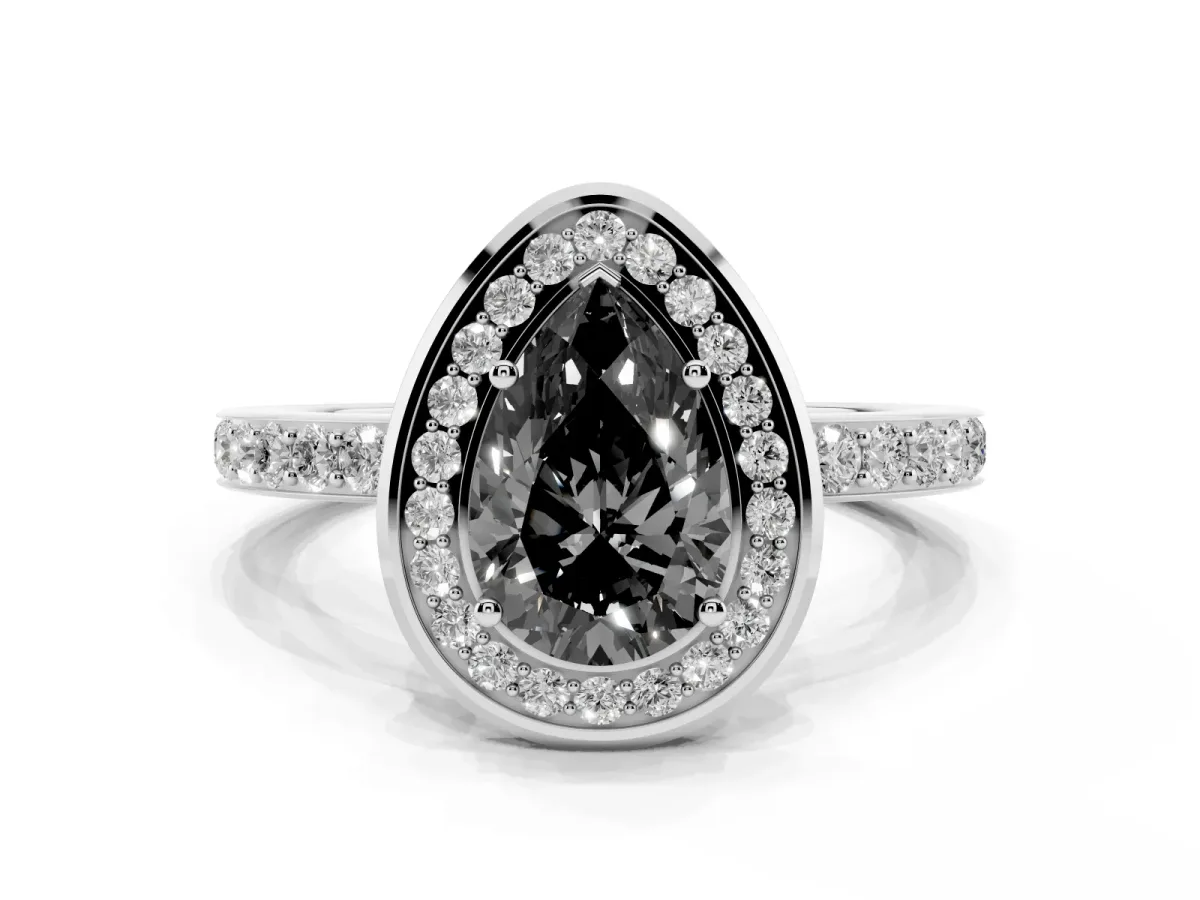 Fancy Black Pear Cut Diamond Halo Ring with Bezel Frame and Pavé Band Silver
