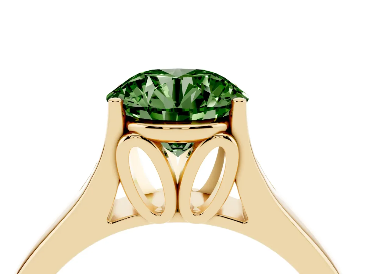 Fancy Green Round Cut Solitaire Diamond Ring with Cathedral Band and Four-Prong Setting Yellow gold