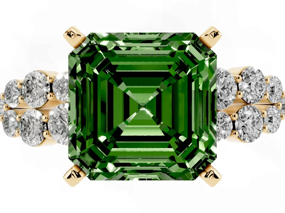 Fancy Green Asscher Cut Cluster Diamond Engagement Ring with Pavé Band and Four-Prong Setting Yellow gold