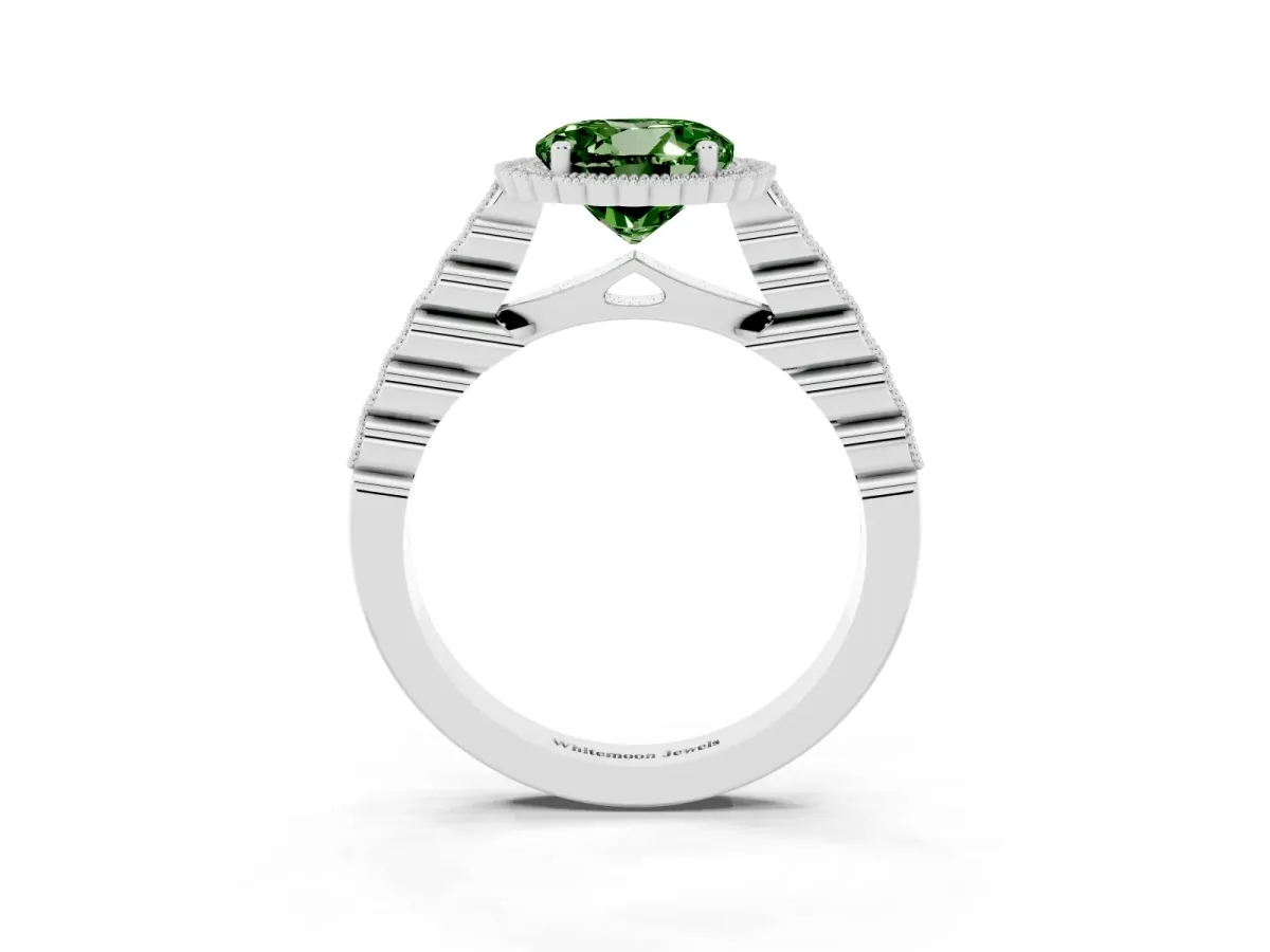 Fancy Green Round Cut Cut Halo Pavé Solitaire Ring with Milgrain Band Silver