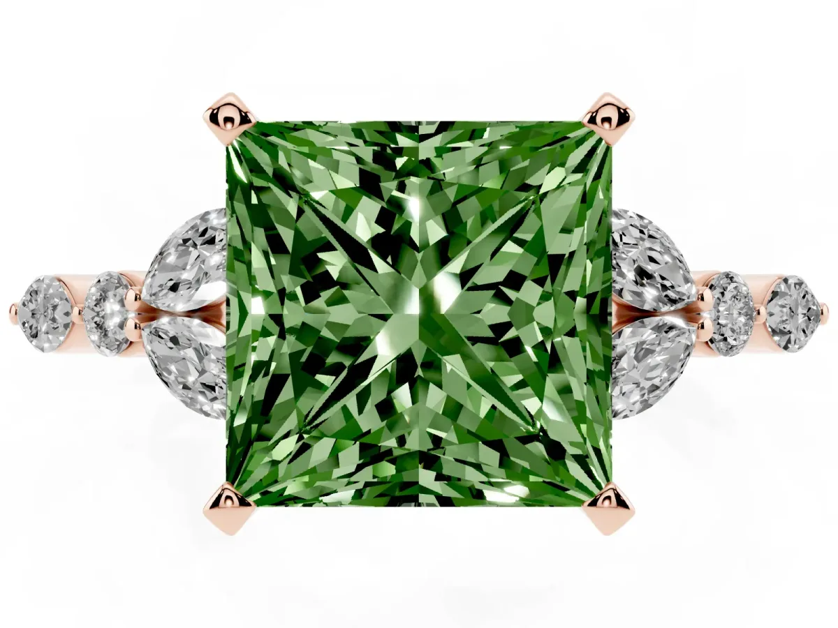 Fancy Green Princess Cut Diamond Solitaire Ring with Side Stones and Four-Prong Setting Rose gold