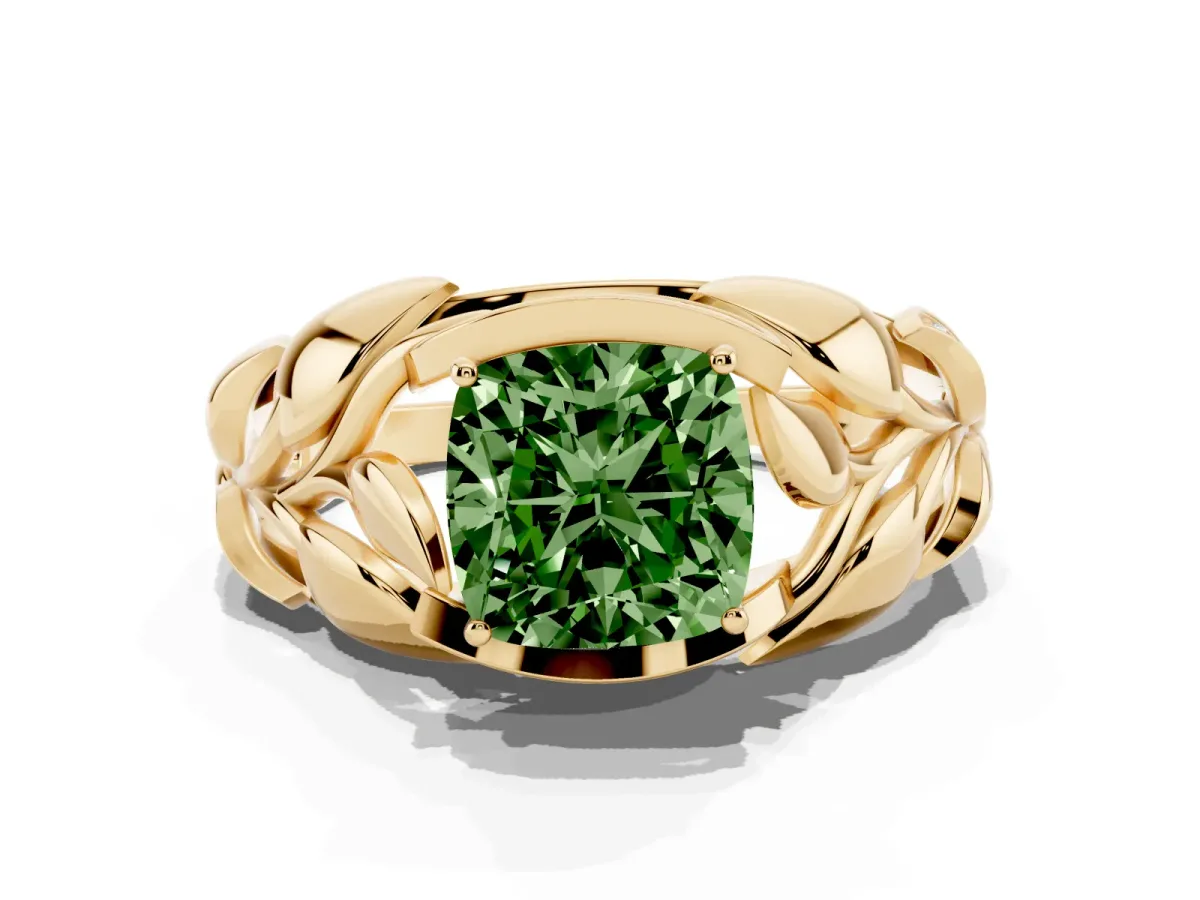 Fancy Green Cushion Cut Diamond Leaf-Inspired Engagement Ring with Round Accents and Prong Setting Yellow gold