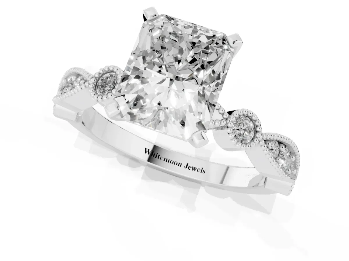 Radiant Cut Milgrain Bezel Diamond Engagement Ring with Solitaire Prong Setting Silver