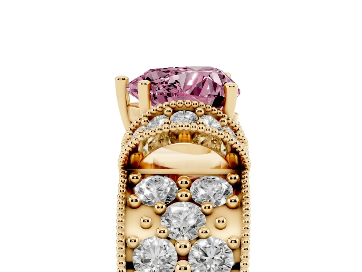 Fancy Pink Heart Cut Halo Pave Diamond Engagement Ring with Milgrain Detailing Yellow gold