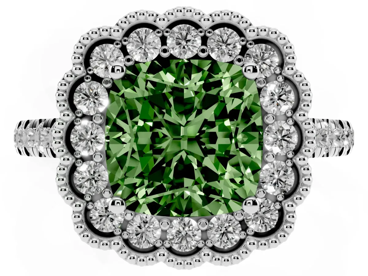 Fancy Green Cushion Cut Cut Diamond Milgrain Floral Halo Engagement Ring with Pavé Band Silver