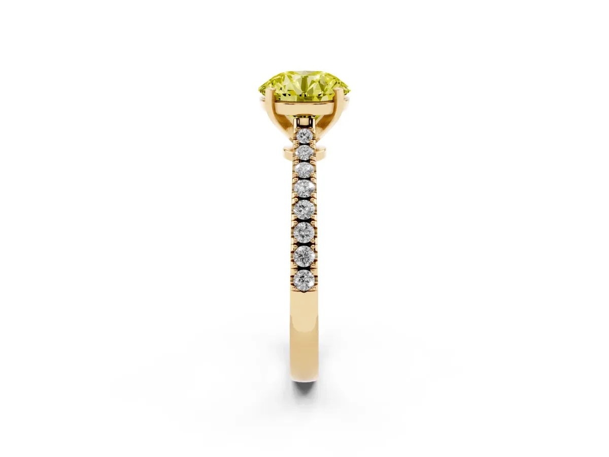 Fancy Yellow Round Cut Cut Solitaire Diamond Engagement Ring with Pave Band and Four-Prong Setting Yellow gold