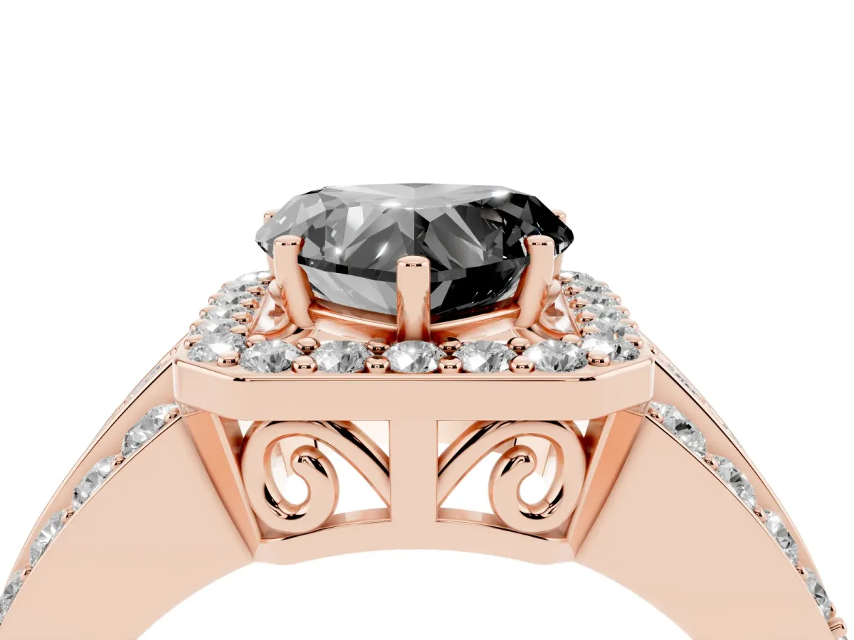 Fancy Black Heart Cut Halo Diamond Ring with Round Split Shank and Prong Setting Rose gold