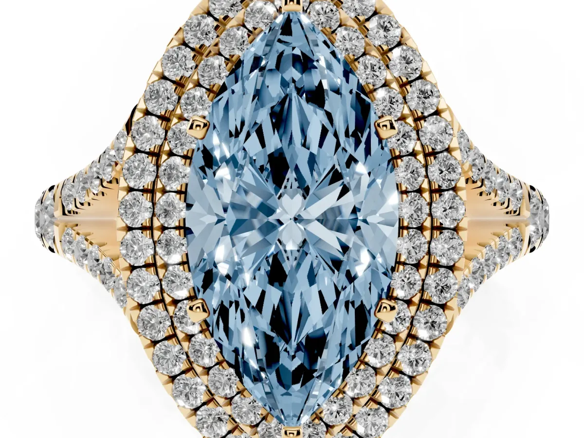 Fancy Blue Double Halo Marquise Cut Diamond Split Shank Engagement Ring with Four-Prong Setting Yellow gold