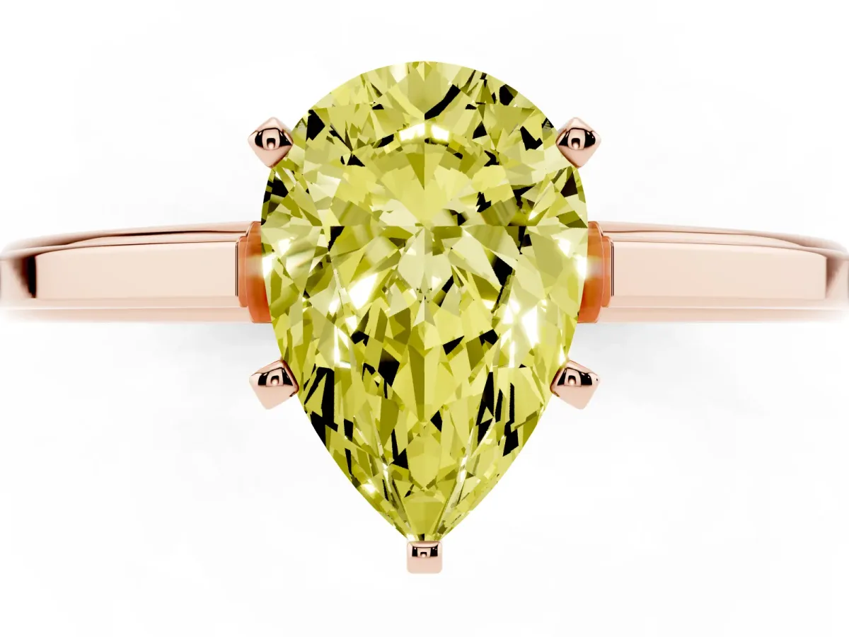 Fancy Yellow Pear Cut Solitaire Diamond Ring with Four-Prong Setting and Classic Band Rose gold