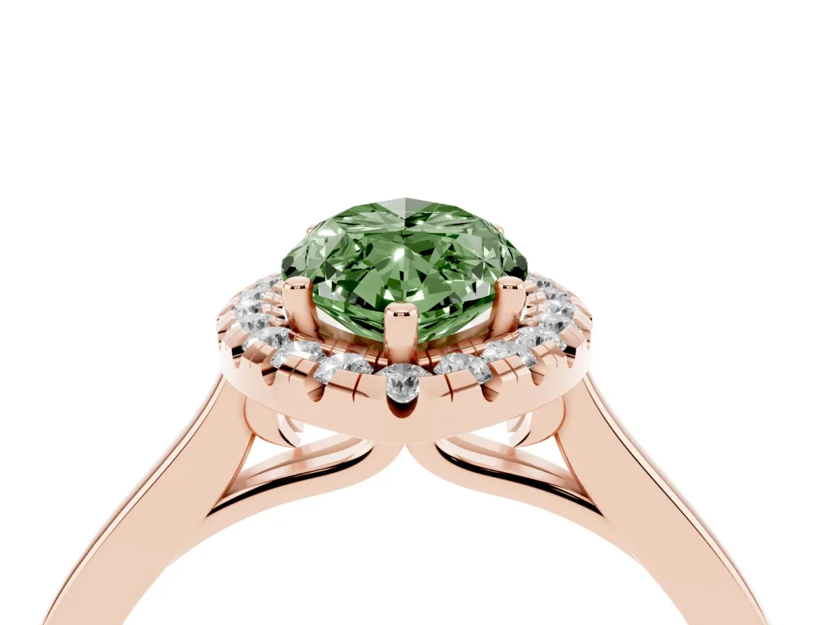 Fancy Green Marquise Cut Halo Round Diamond Solitaire Ring with Pavé Band and Four-Prong Setting Rose gold