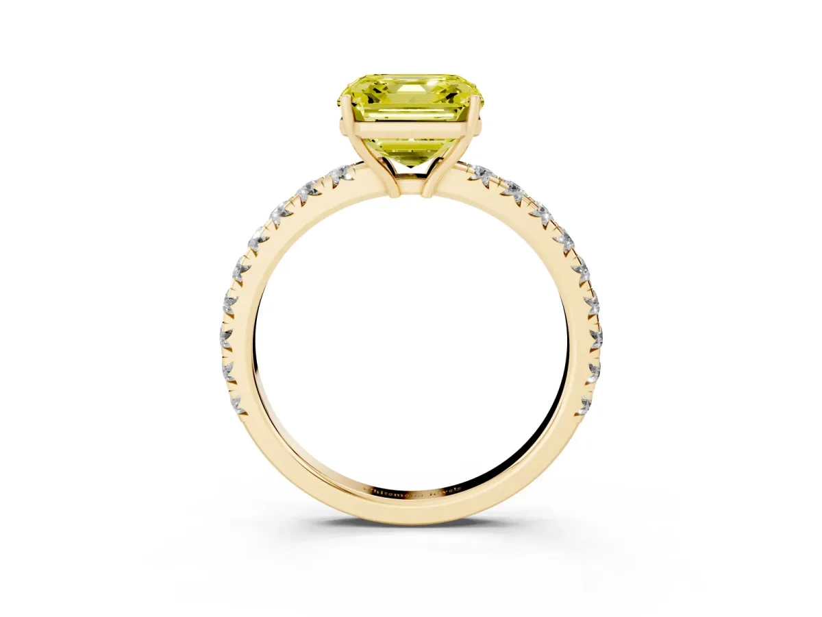 Fancy Yellow Asscher Cut Diamond Pavé Solitaire Engagement Ring with Four-Prong Setting Yellow gold