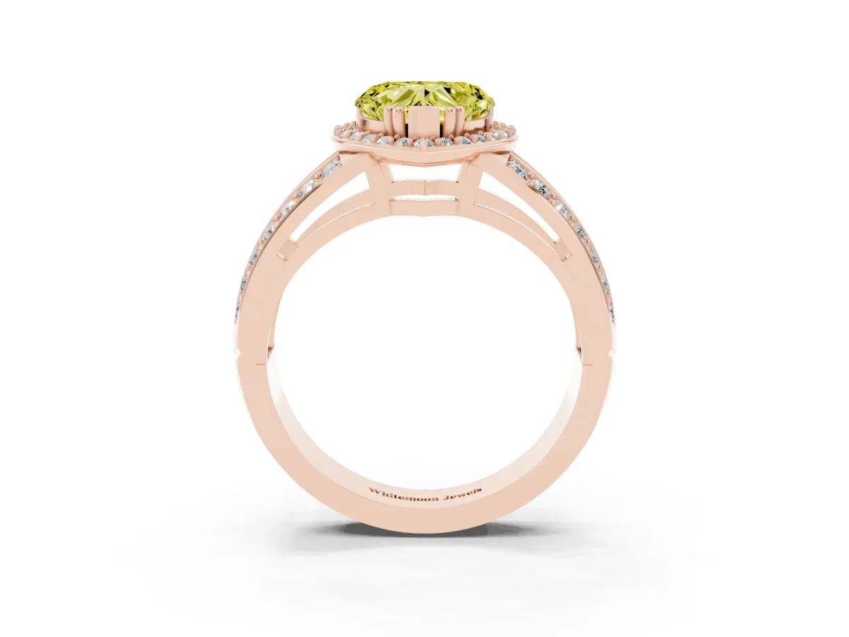 Fancy Yellow Heart Cut Diamond Halo Ring with Split Shank Pavé Band and Four-Prong Setting Rose gold