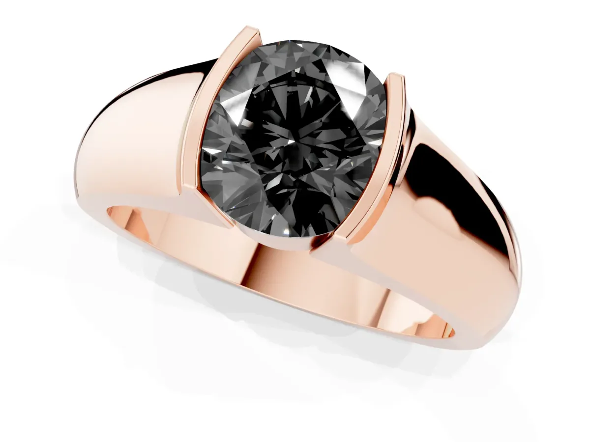 Fancy Black Round Cut Solitaire Bezel Set Diamond Ring with Wide Band Rose gold