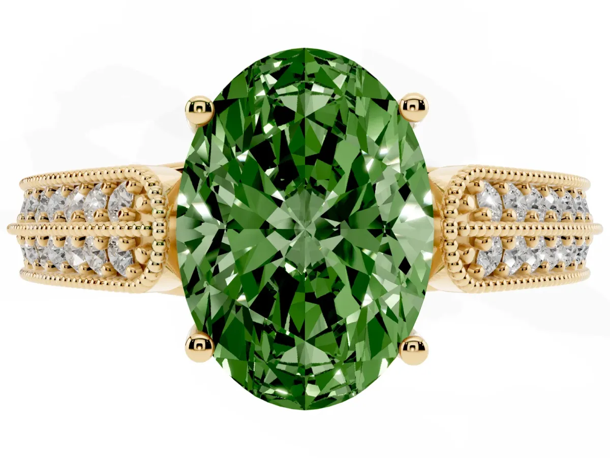 Fancy Green Oval Cut Cut Pave Split Shank Engagement Ring with Four-Prong Setting Yellow gold