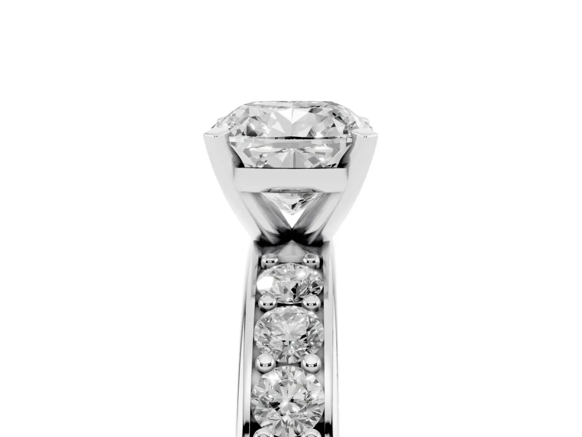 Cushion Cut Diamond Engagement Ring with Channel Set Round Band and Prong Setting Platinum