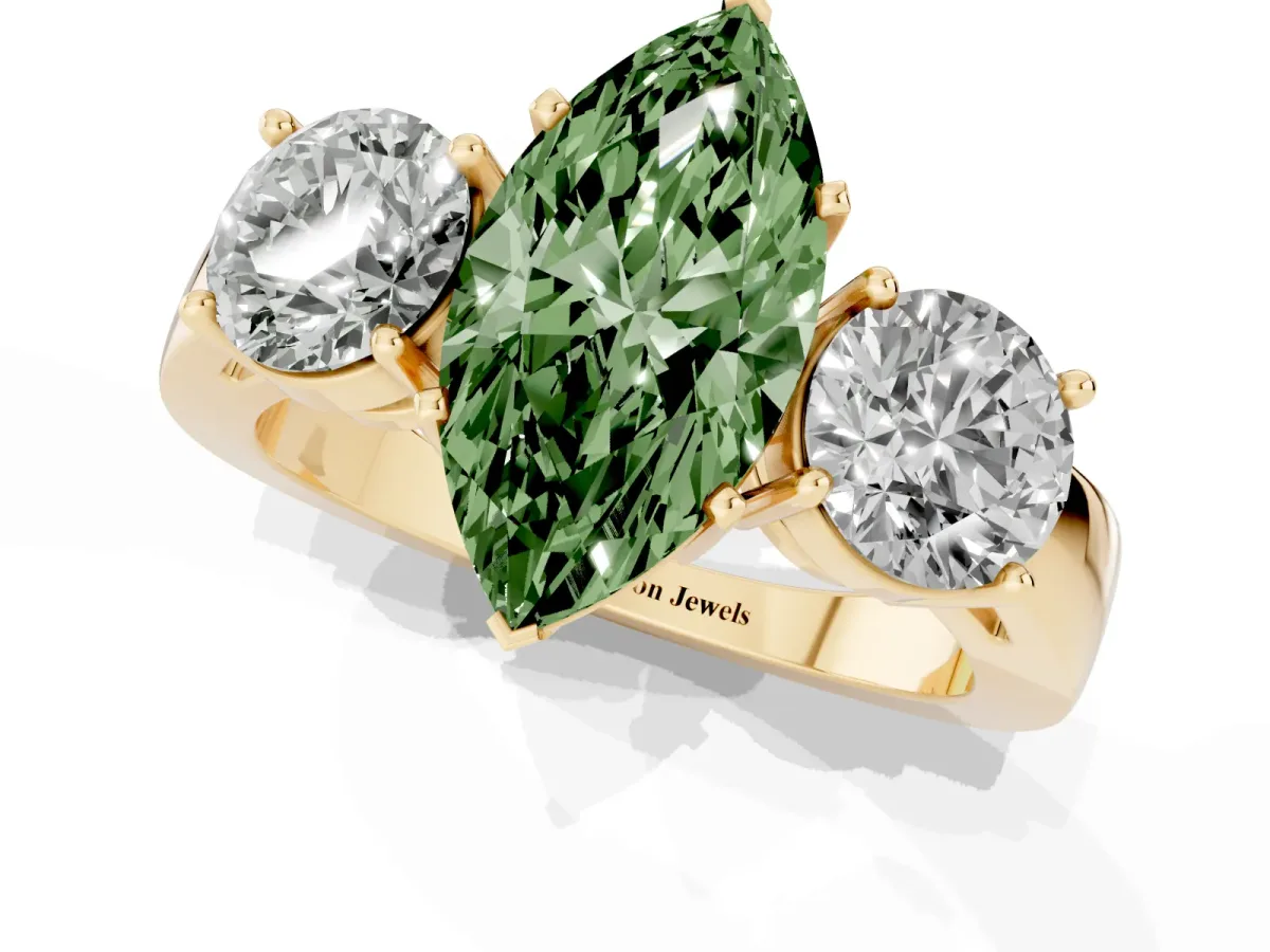 Fancy Green Three-Stone Marquise Cut Diamond Ring with Round Side Stones, Classic Band, and Four-Prong Setting Yellow gold